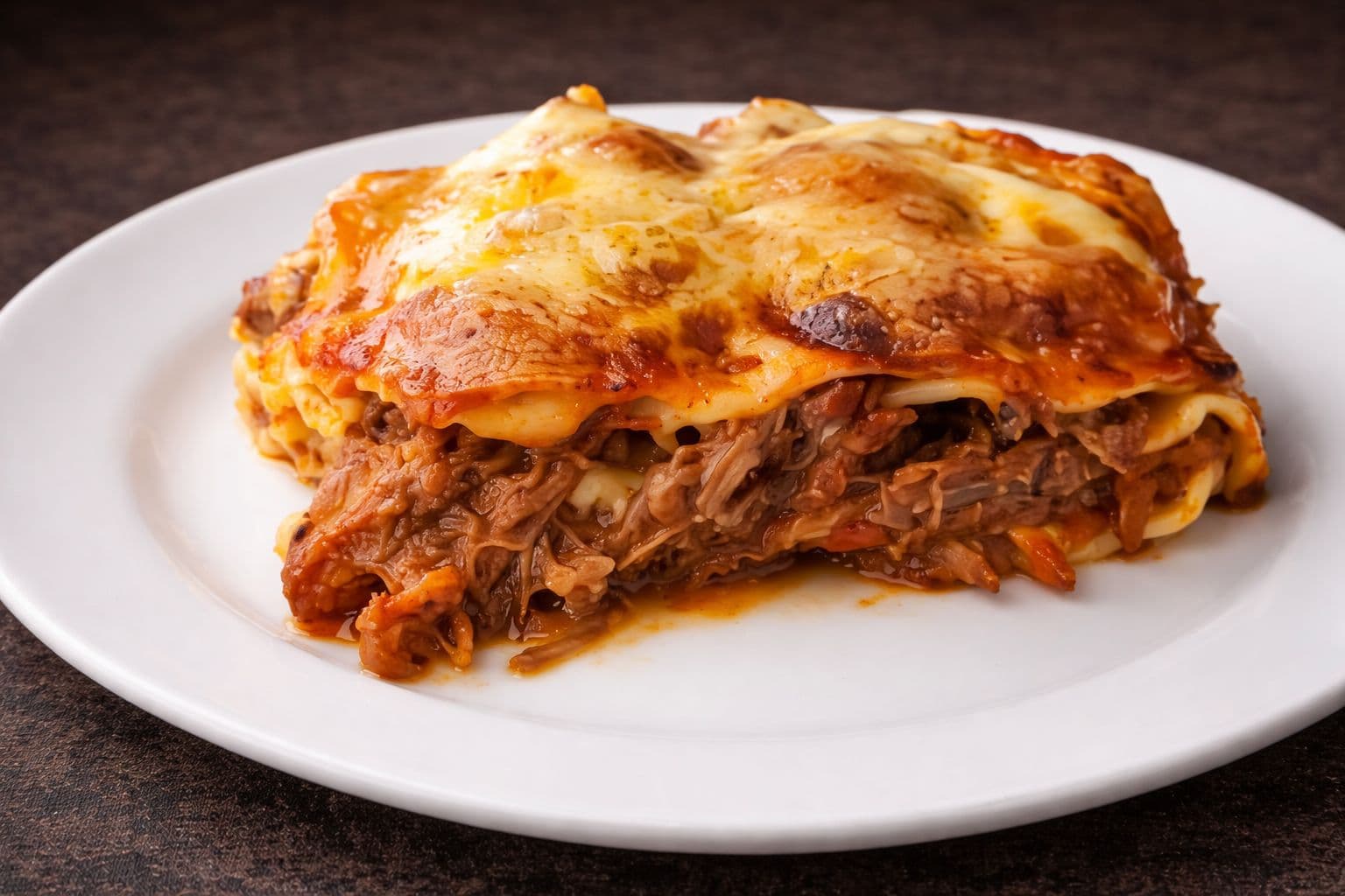Lasanha de costela gratinada, com queijo derretido e carne desfiada.